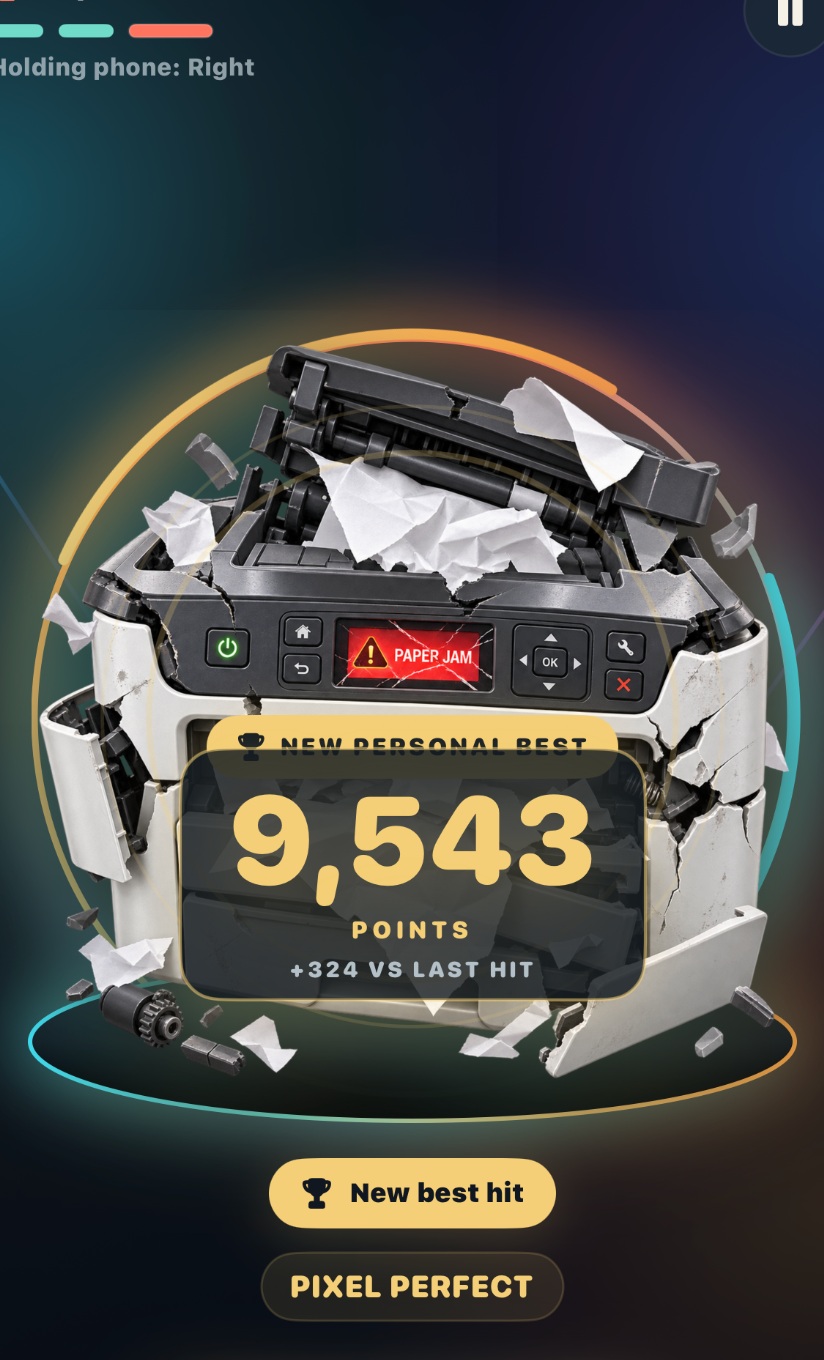 JabQuake Paper Jam personal-best gameplay screen on iPhone